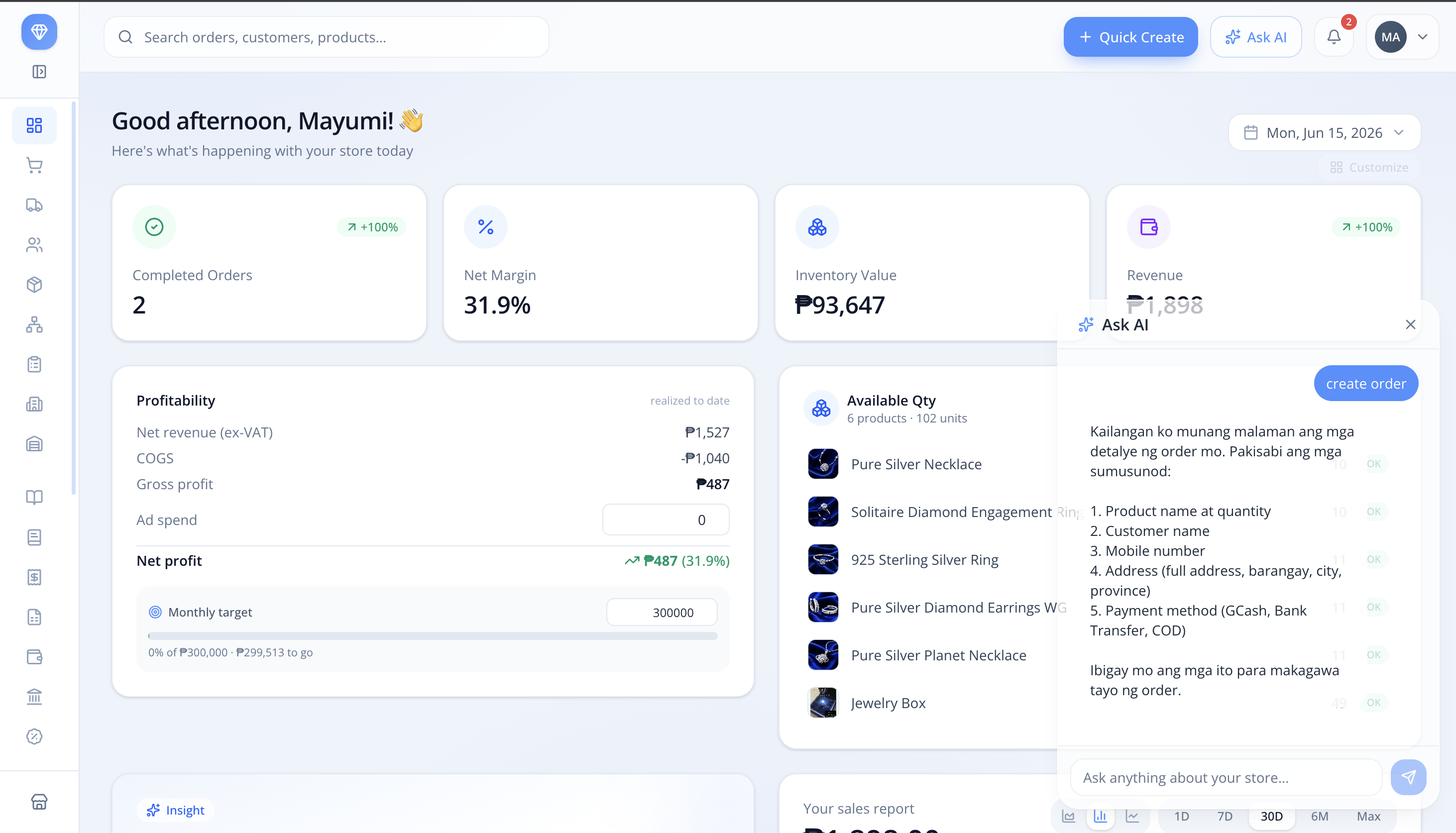 Vertex AI chat creating an order inside the dashboard