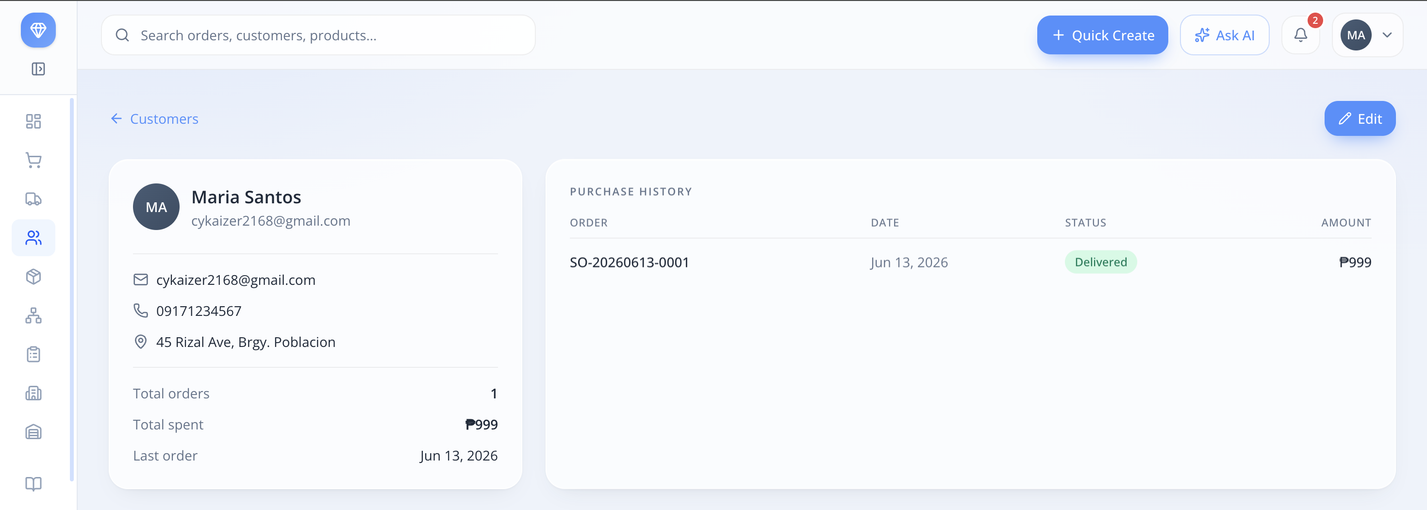 Customer profile with purchase history