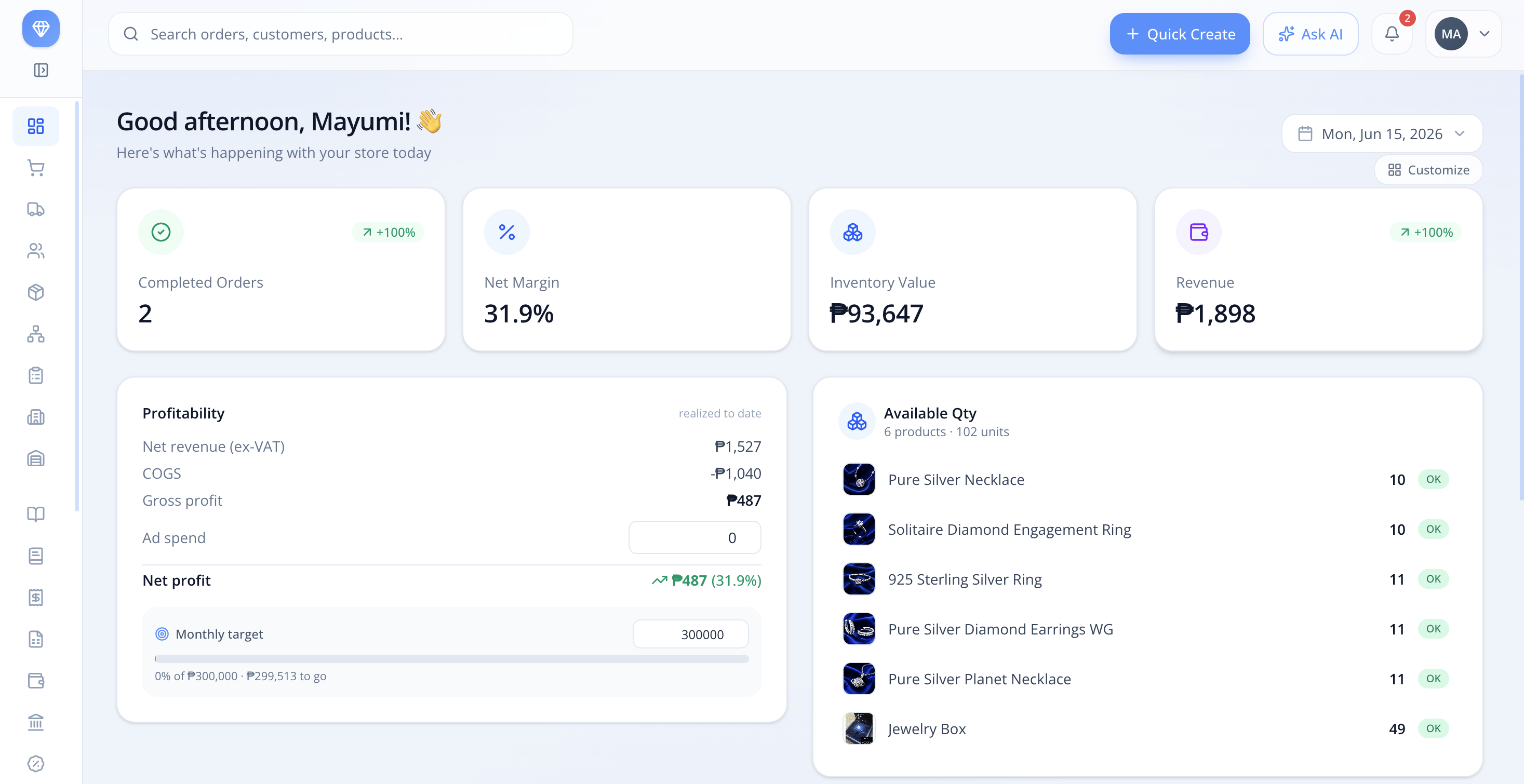 Vertex Store dashboard — orders, margin, inventory and revenue