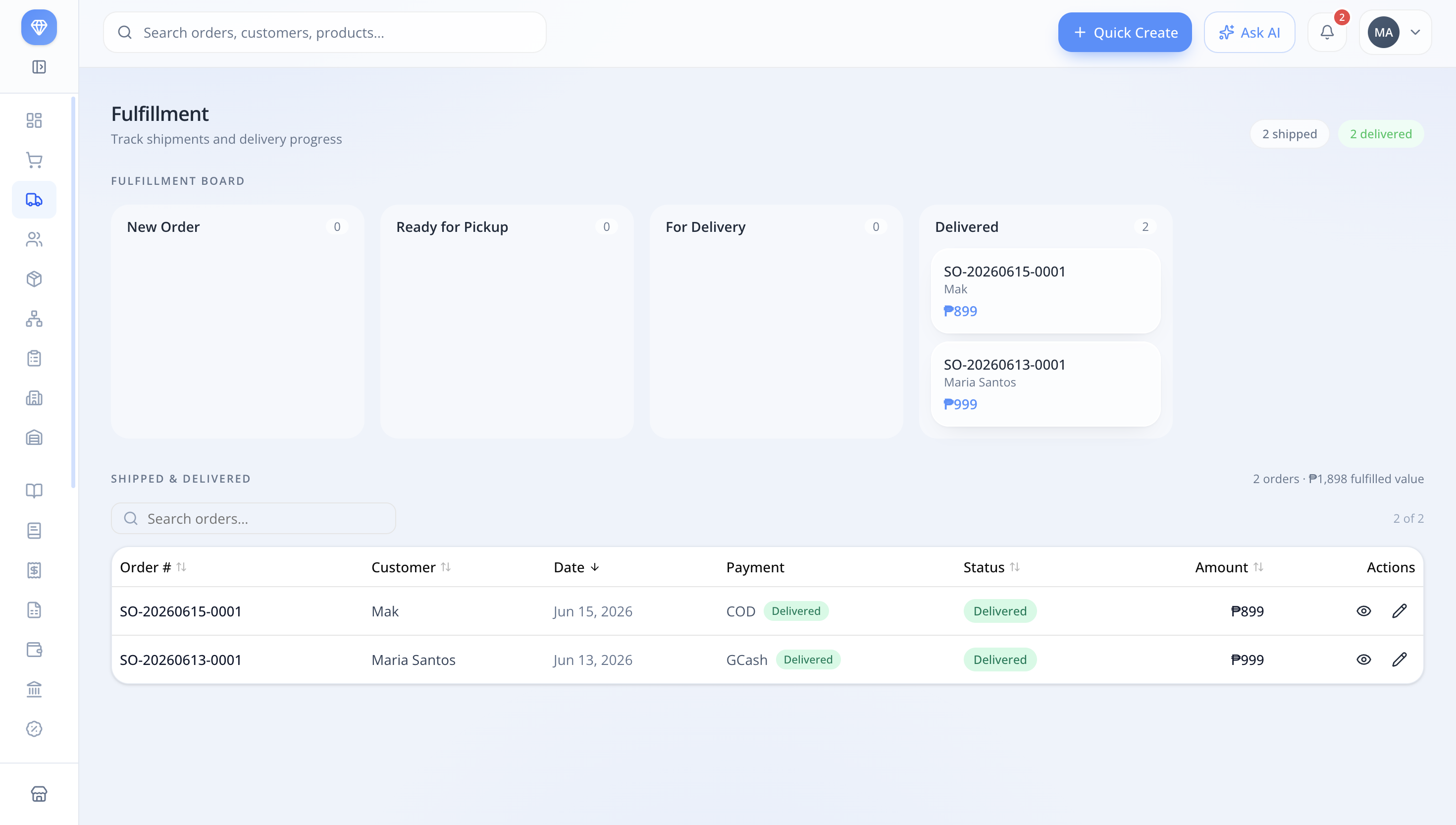 Fulfillment board with order stages