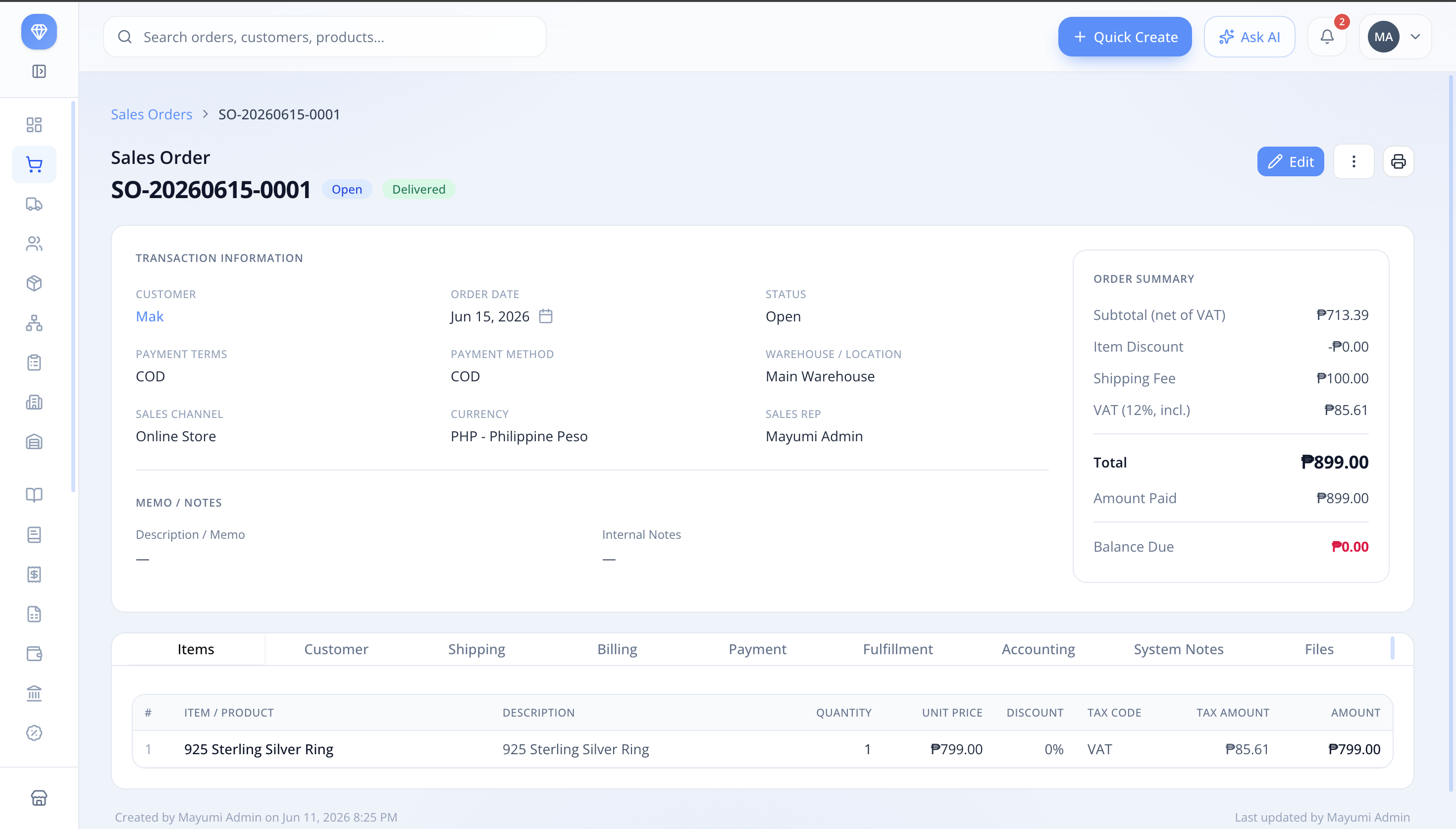 Sales order with VAT-accurate summary and payment